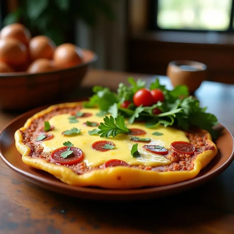 Tortilla campera argentiniana dorada y jugosa, cocinada en ollas superpuestas, con capas visibles de papa, huevo, chorizo colorado y queso fundido, servida en plato rústico.