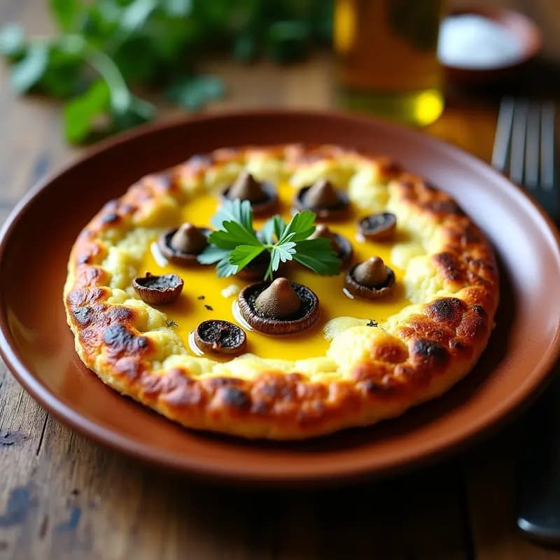 Tortilla de campo dorada con setas salteadas y brillante aceite de trufa, decorada con perejil fresco sobre plato de cerámica rústica.