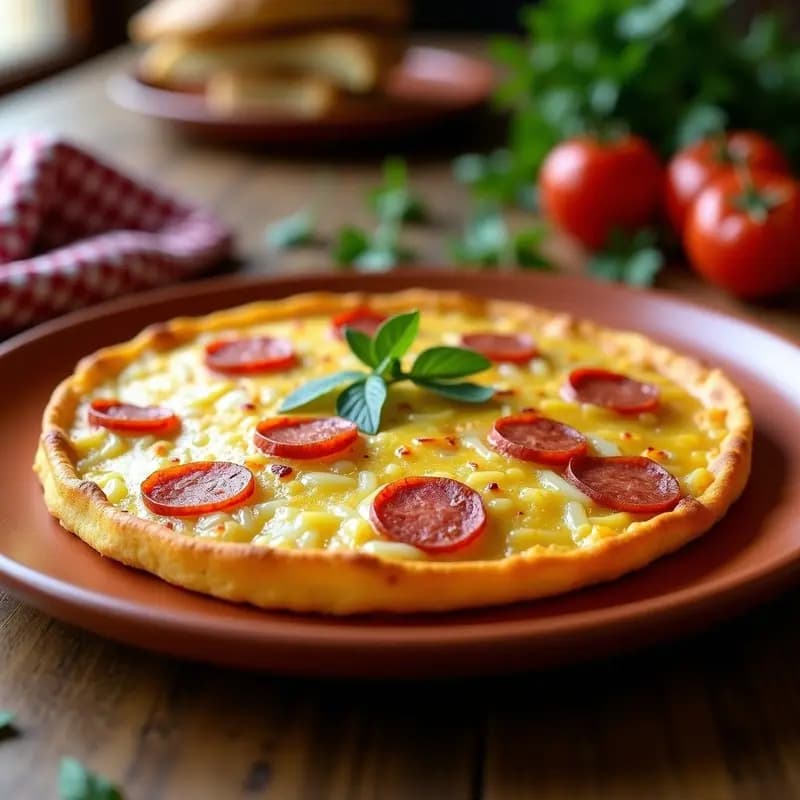 Tortilla campera dorada con trozos de chorizo y patata, servida en plato rústico de barro, receta tradicional española.