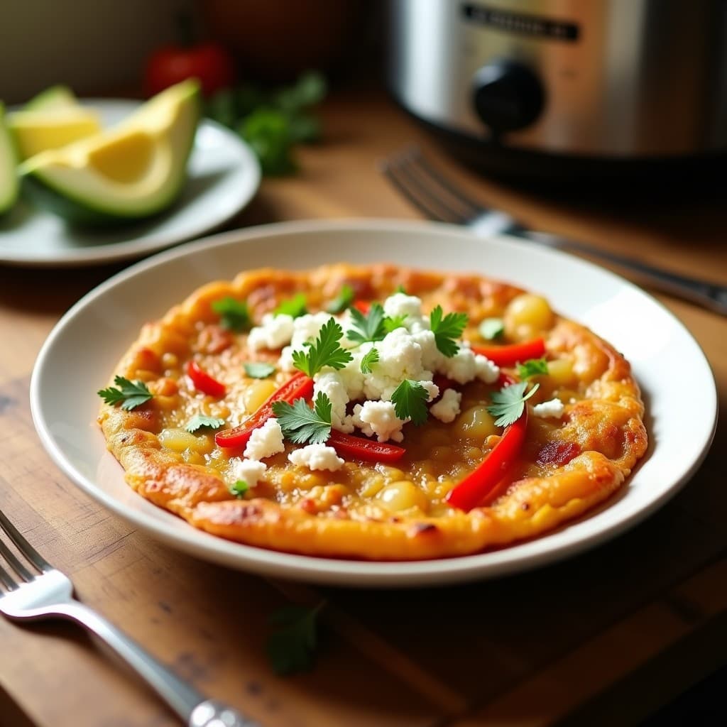 Tortilla campera colombiana dorada y esponjosa servida en plato rústico, con trozos de papa, cebolla y pimiento visible, espolvoreada con cilantro fresco y queso desmenuzado, receta de olla lenta.