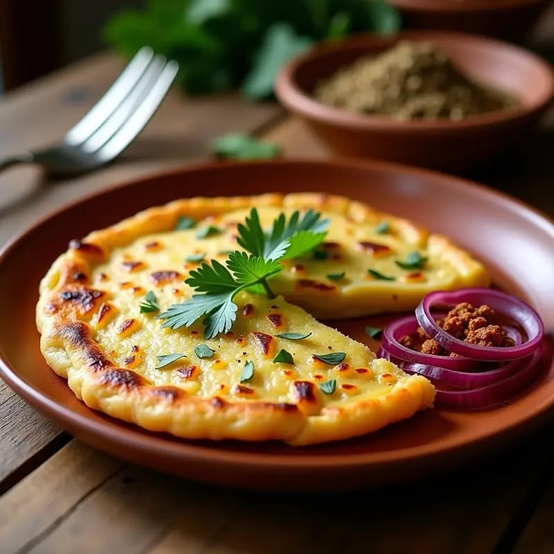 Tortilla campera dorada y esponjosa con zaatar, servida en plato de barro rústico, acompañada de perejil fresco y rodajas de cebolla morada asada.