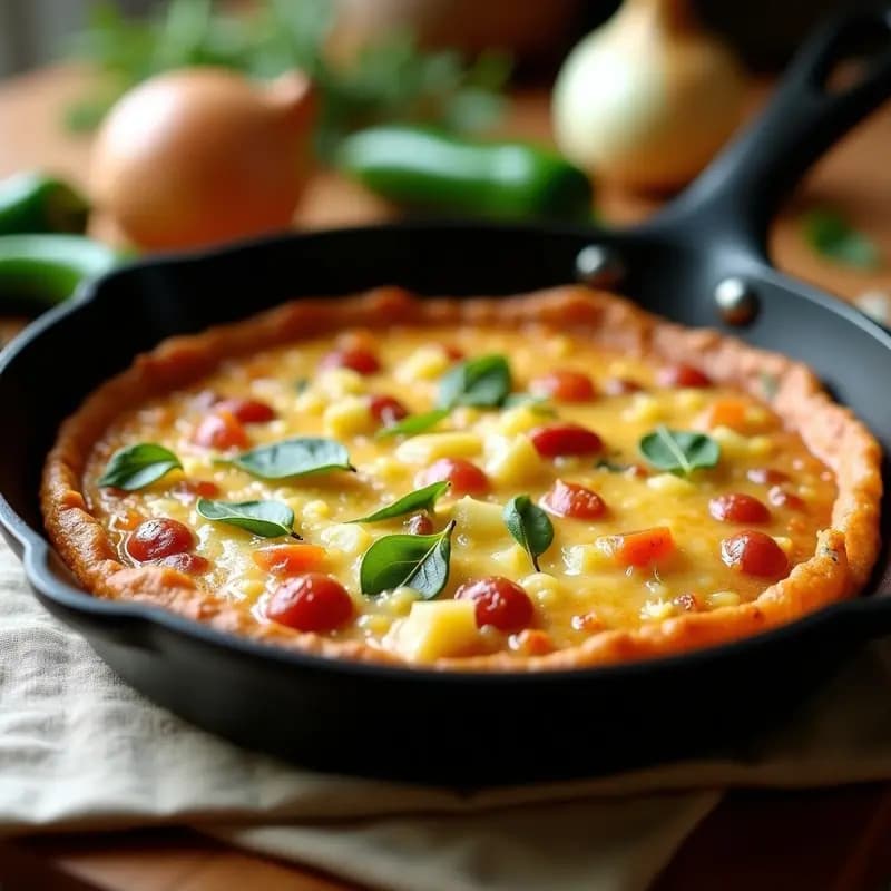 Tortilla camperola gallega dorada en sartén antiadherente, con trozos de chorizo y patata visible, acompañada de pimiento verde y cebolla. Receta tradicional rápida.