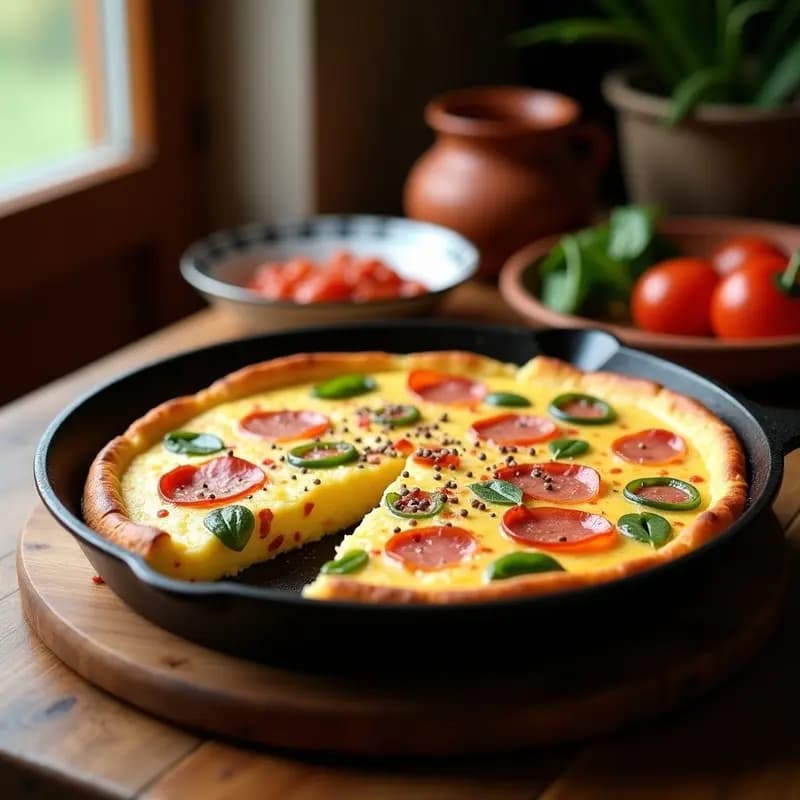 Tortilla camperola ibérica dorada en sartén de hierro, con trozos visibles de jamón ibérico, pimientos verdes y cebolla, servida en plato de barro rústico.