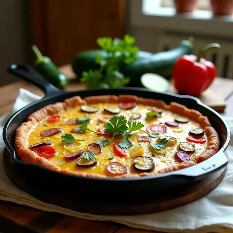 Tortilla camperola valenciana dorada en sartén de hierro, con trozos de calabacín, pimiento rojo, cebolla morada y patata, acompañada de perejil fresco.