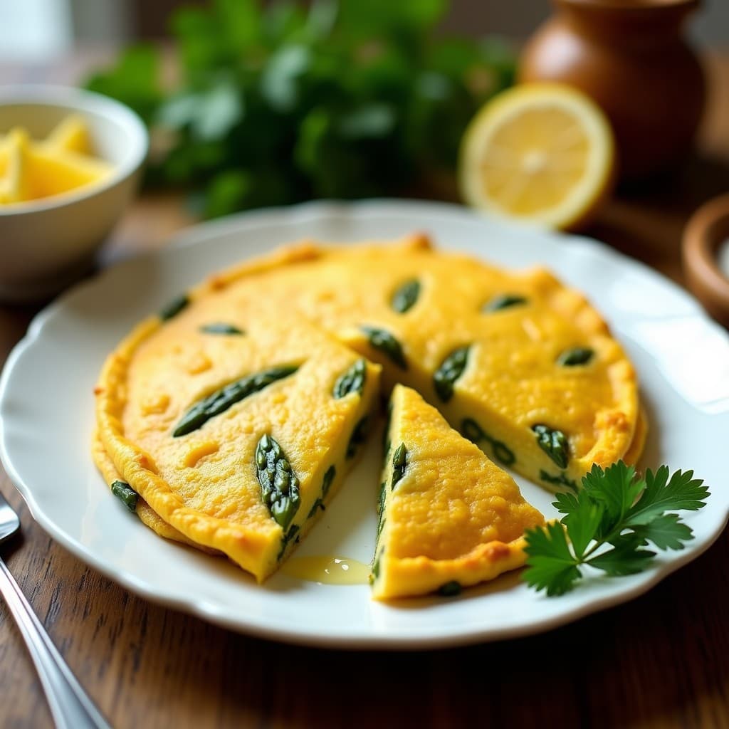 Tortilla dorada y esponjosa de camu camu y espárragos verdes, cortada en porciones sobre un plato de cerámica blanca, acompañada de perejil fresco y rodajas de limón. Desayuno peruano alta en vitamina C y sin gluten.