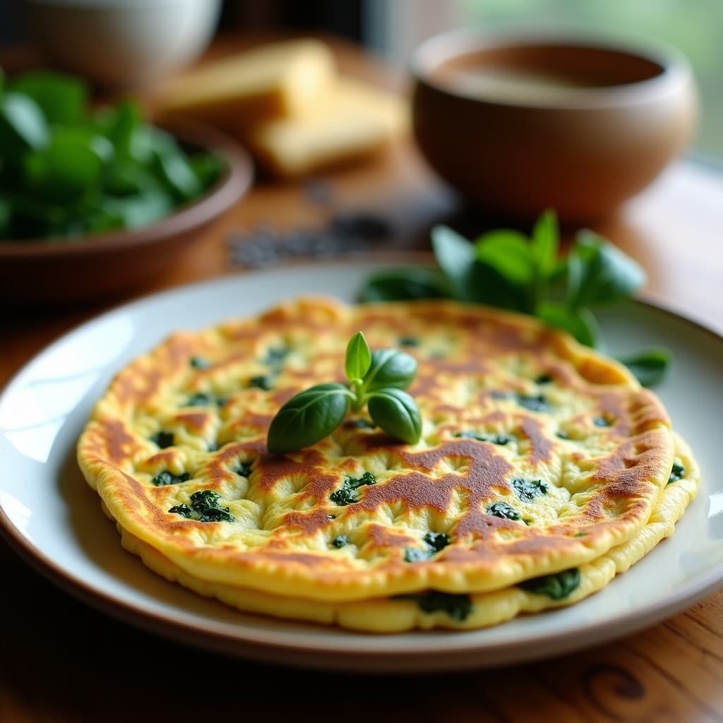 Tortilla dorada de camu camu y espinacas en airfryer, con textura esponjosa y bordes crujientes, servida en plato blanco con hojas de espinaca fresca como decoración. Desayuno peruano antioxidante.