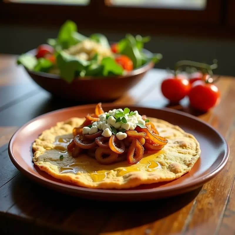 Tortilla vegana dorada con cebolla caramelizada y queso de cabra desmenuzado, servida en plato de barro con ensalada verde de fondo.