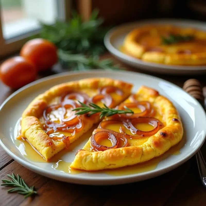 Tortilla dorada y esponjosa con cebolla caramelizada brillante y vetas de miel, servida en plato de cerámica blanca sobre fondo rústico de madera.