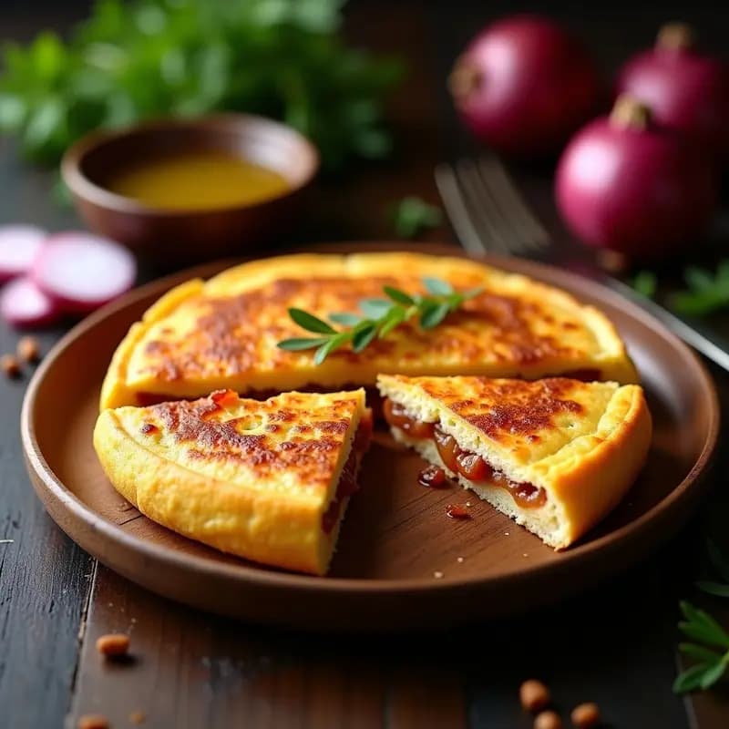 Tortilla de cebolla caramelizada dorada por fuera y jugosa por dentro, cortada en porciones sobre un plato de madera rústico, con cebollas moradas caramelizadas visibles en su interior.