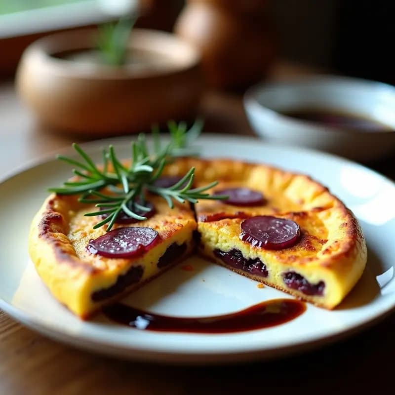 Tortilla española dorada con trozos de cebolla morada caramelizada y brillo del vinagre de Módena, servida en plato blanco con hierbas frescas.