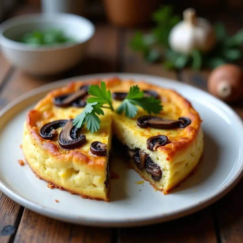 Tortilla esponjosa de champiñones portobello y ajo negro en plato blanco, decorada con perejil fresco, receta Thermomix gourmet.
