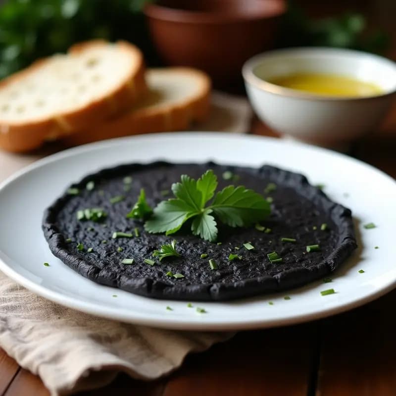 Tortilla de chipirones en su tinta gallega recién hecha, de color negro intenso, servida en plato blanco con perejil fresco espolvoreado y rodajas de pan rústico al lado.