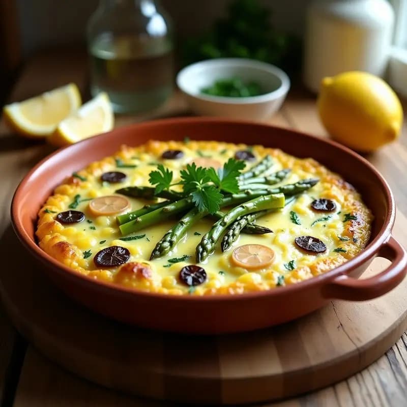Tortilla dorada de chirlas y espárragos trigueros en fuente de barro rústica, con trozos de espárragos verdes y chirlas visibles, acompañada de perejil fresco y rodajas de limón. Receta costera de Cádiz sin harina y alta en hierro.
