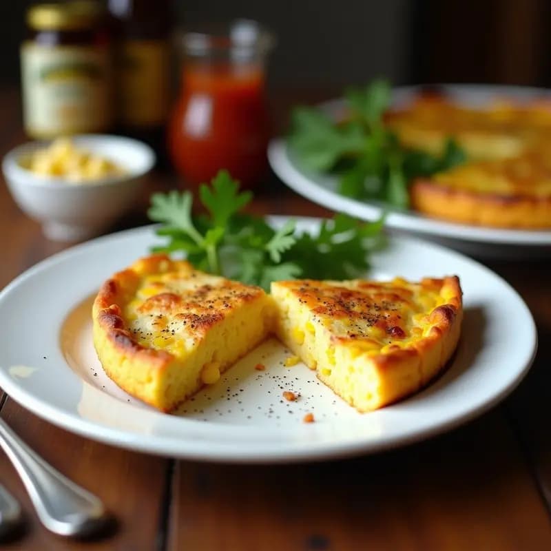 Tortilla de choclo con atún canaria, dorada por ambos lados, con trozos visibles de maíz dulce y atún, servida en un plato blanco rústico con un poco de perejil fresco espolvoreado.