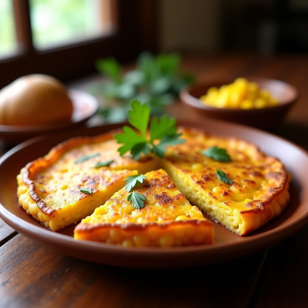 Tortilla de choclo peruana vegana dorada y esponjosa, cortada en porciones, servida en plato de barro con ají amarillo al lado.
