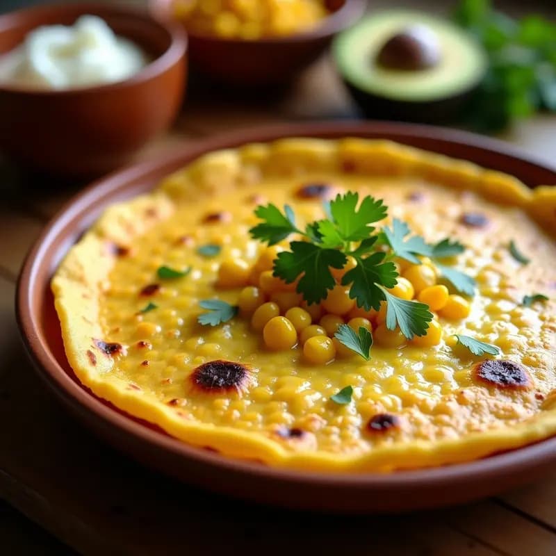 Tortilla dorada de choclo y queso fresco con ají amarillo servida en plato de barro, con trozos de cilantro fresco y fondo rústico de madera.