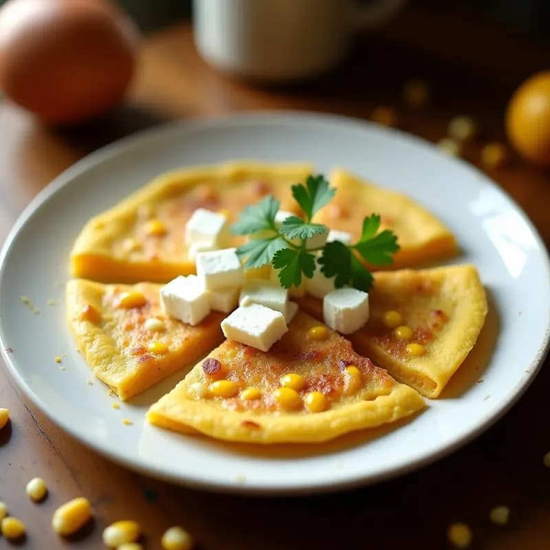 Tortilla dorada y esponjosa de choclo con queso fresco desmenuzado, granos de maíz tierno visibles, servida en plato de barro con cilantro fresco y rodaja de aguacate, desayuno colombiano tradicional.
