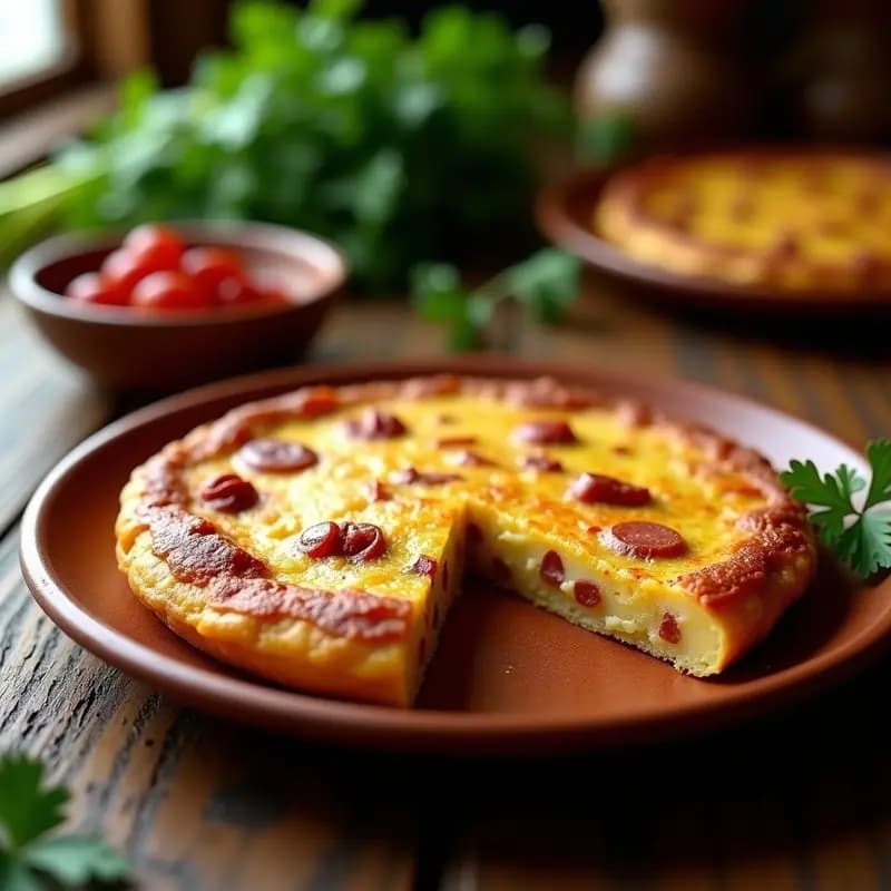 Tortilla gruesa y dorada de chorizo y patatas cortada en porciones, con trozos de chorizo visible y textura jugosa en su interior, servida en plato de barro rústico.