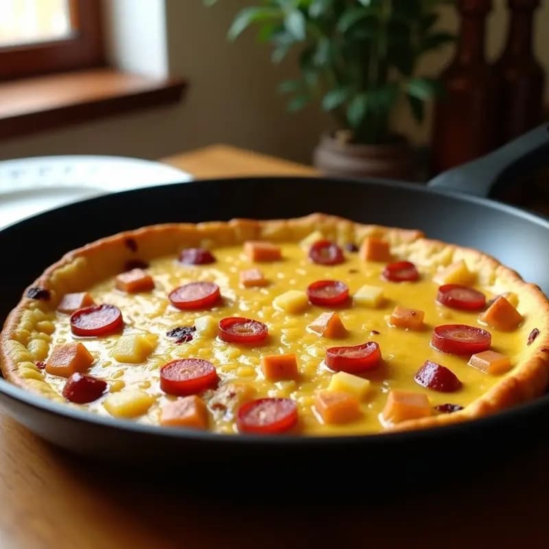 Tortilla de chorizo y patatas dorada y jugosa en sartén antiadherente, con trozos de chorizo y patata visible, servida sobre plato blanco rústico, receta de aprovecho castellana.
