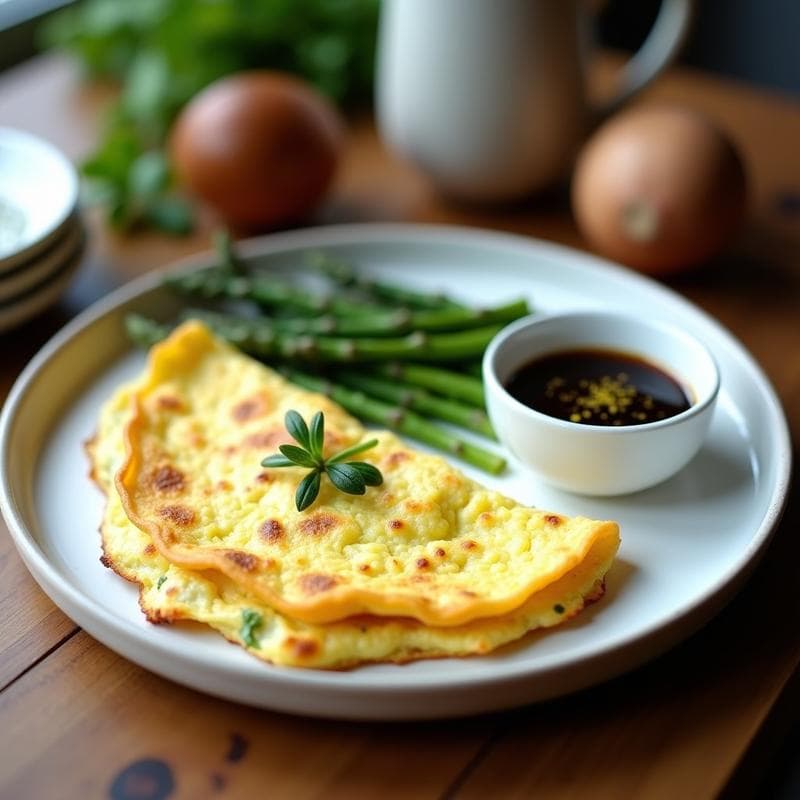Tortilla esponjosa de claras de huevo con trozos de espárragos trigueros verdes salteados, servida en plato blanco con salsa cremosa de ajo negro al lado. Desayuno keto rápido y saludable.