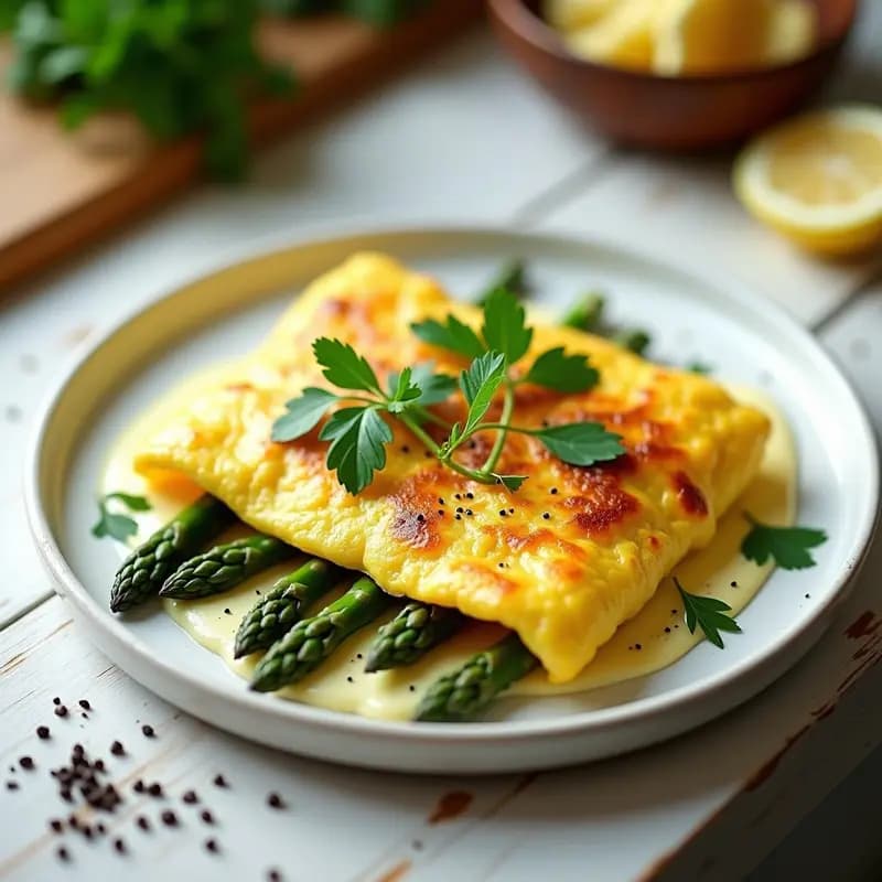 Tortilla esponjosa de claras de huevo con espárragos trigueros salteados y trozos de queso vegano de almendras derritiéndose, decorada con perejil fresco. Plato blanco sobre fondo de madera clara, desayuno keto y bajo en calorías.