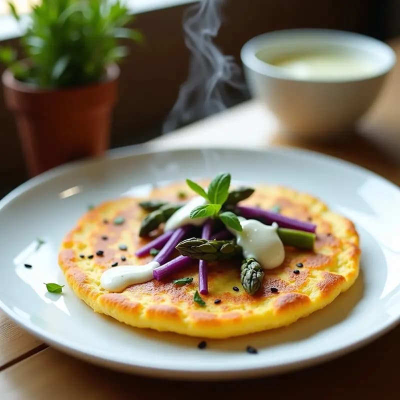 Tortilla Clarkent esponjosa con vetas de queso Kent fundido, trozos de espárragos morados vibrantes y salsa de yogur de soja cremosa espolvoreada con semillas de sésamo negro. Plato blanco minimalista con fondo de madera clara, ideal para desayuno proteico rápido.