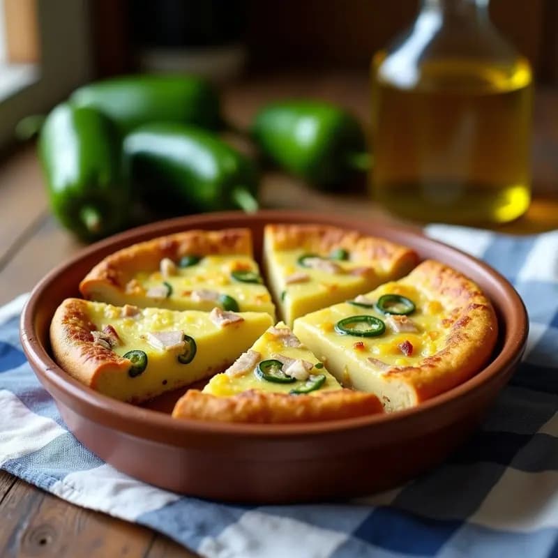 Tortilla de colación malagueña dorada y esponjosa en fuente de barro, con trozos de bacalao y pimiento verde asomando, servida en porciones sobre mantel de cuadros blancos y azules.