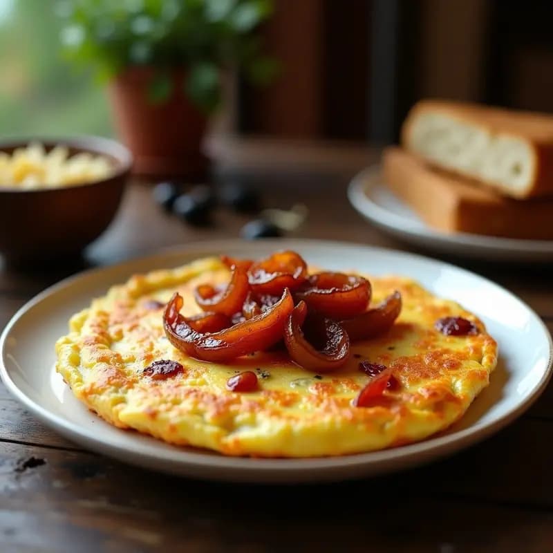 Tortilla de colación dorada con trozos de atún y pimientos asados, acompañada de cebolla caramelizada brillante. Presentada en plato blanco rústico sobre fondo de madera oscura, típica tapa castellana.