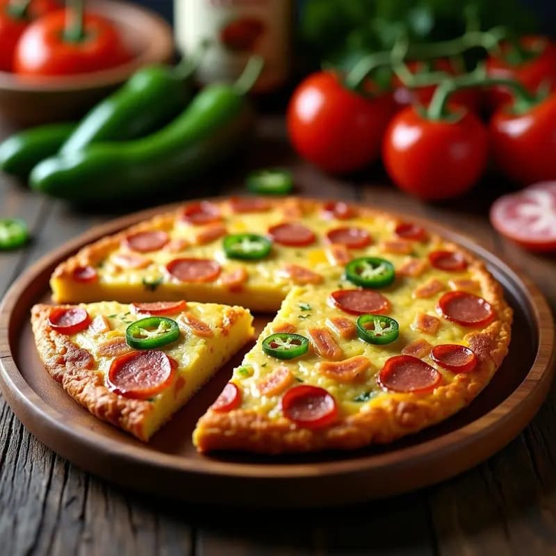 Tortilla de colación dorada con trozos de chorizo y pimientos del Padrón, cortada en porciones cuadradas sobre un plato de madera rústico, lista para compartir como aperitivo español.