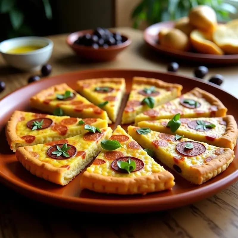 Tortilla de colación con chorizo y pimientos verdes servida en plato de barro, con rodajas de chorizo dorado, pimientos verdes y perejil fresco. Tapa andaluza tradicional jugosa y apetecible.