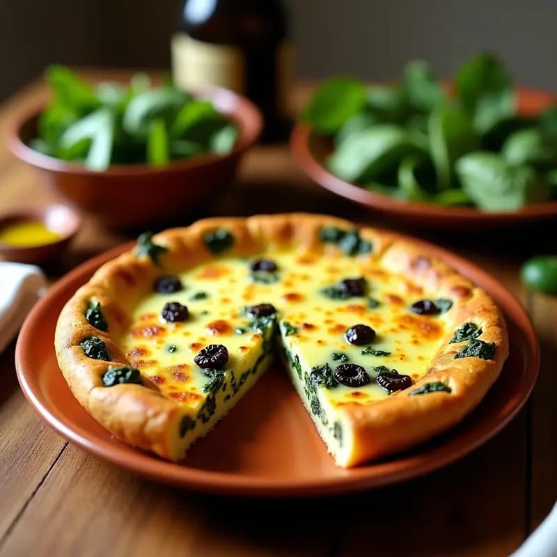 Tortilla de colación dorada con trozos de espinacas y pasas visibles, cortada en porciones cuadradas sobre un plato de barro rústico, acompañada de una ensalada verde. Receta tradicional de Cuaresma española.