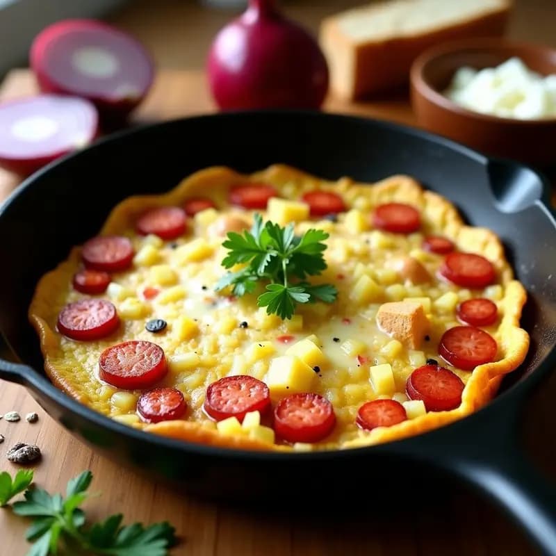 Tortilla de colación canaria dorada en sartén antiadherente, con trozos visibles de papas, chorizo y queso fresco derretido, decorada con perejil. Plato tradicional y reconfortante.