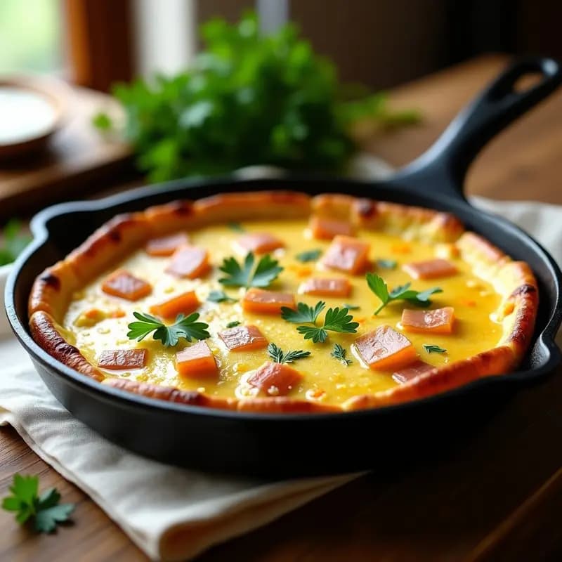Tortilla de colación andaluza dorada en sartén antiadherente, con trozos de patata, bacalao desmenuzado y perejil fresco espolvoreado por encima, receta tradicional española.