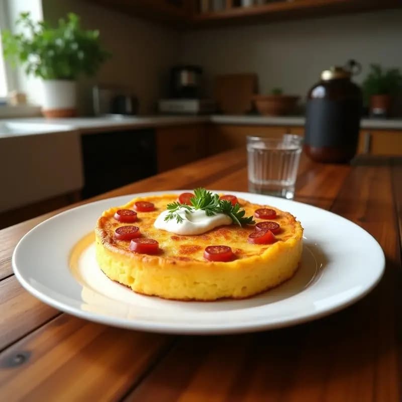 Tortilla de colación extremeña dorada en fuente de horno, con rodajas de chorizo ibérico y patatas, lista para llevar en tupper. Receta tradicional y casera.