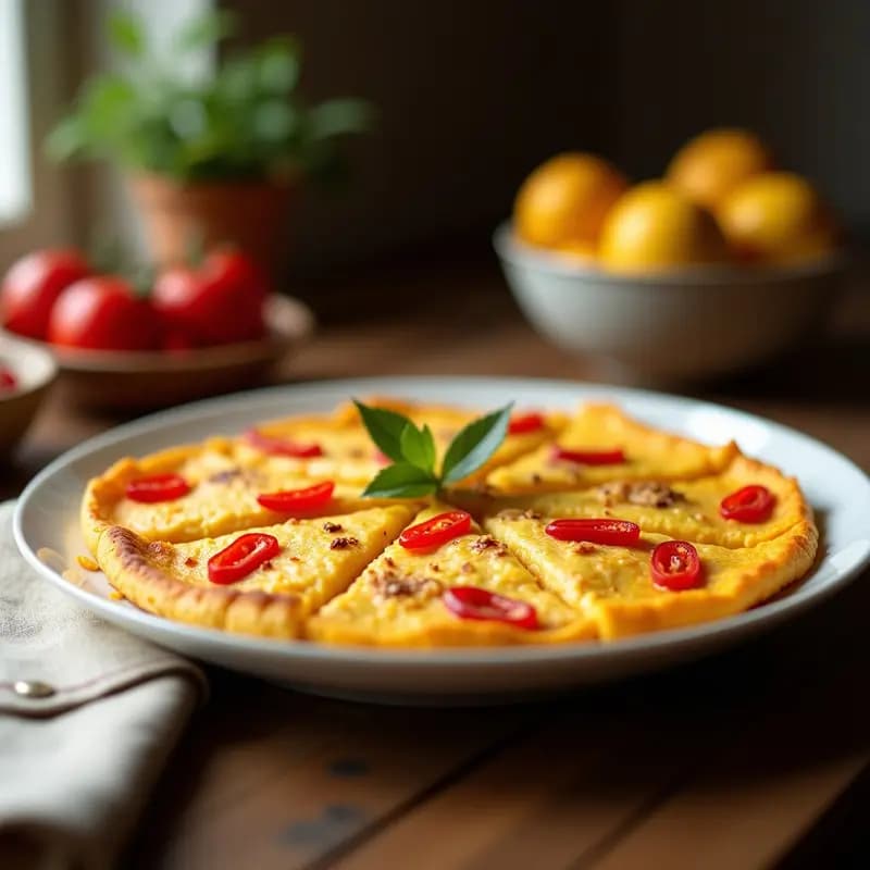 Tortilla de colación dorada con trozos de patata y pimientos del piquillo asomando, cortada en porciones cuadradas sobre un plato de madera rústico, acompañada de un tenedor de fondo.