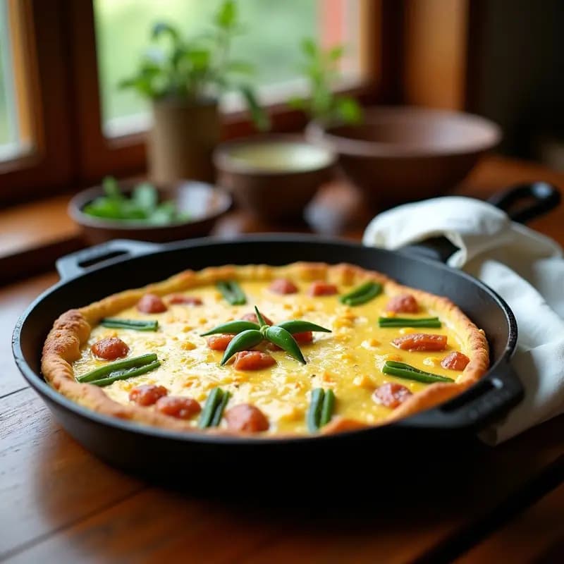 Tortilla de colaciones con atún y pimiento en sartén de hierro, dorada por fuera y jugosa por dentro, con trozos visibles de patata, atún y pimiento verde. Plato típico canario fácil y rápido.