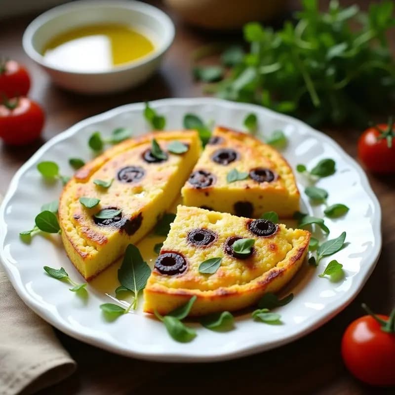 Tortilla dorada de coliflor y aceitunas kalamata con hierbas provenzales, receta francesa sin carbohidratos, servida en plato blanco con ensalada verde.