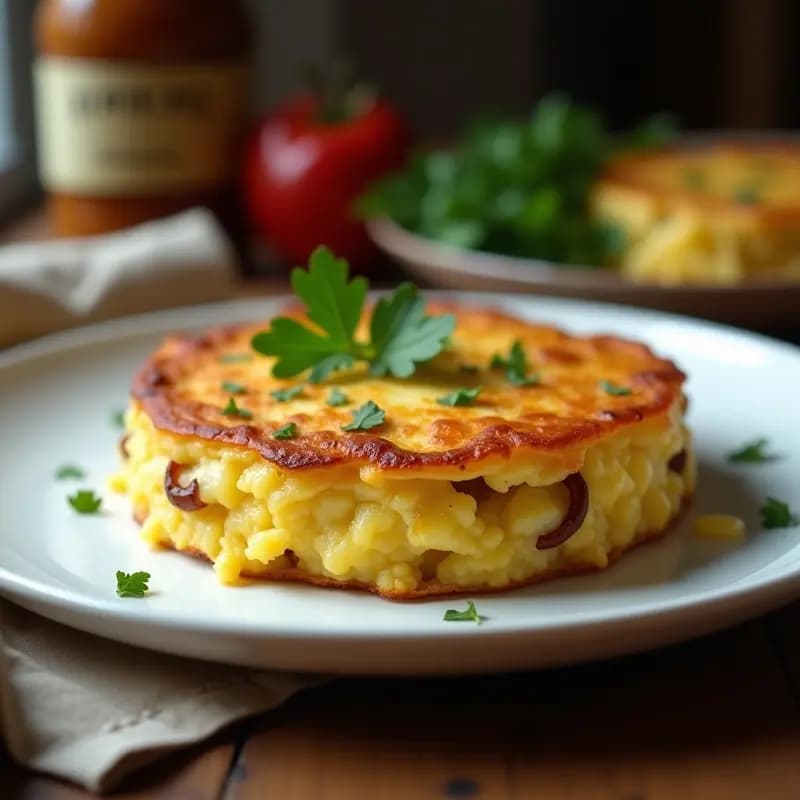 Tortilla dorada y jugosa de coliflor y patata con cebolla caramelizada en su interior, servida en un plato blanco con fondo rústico. Receta vegana de aprovecho.