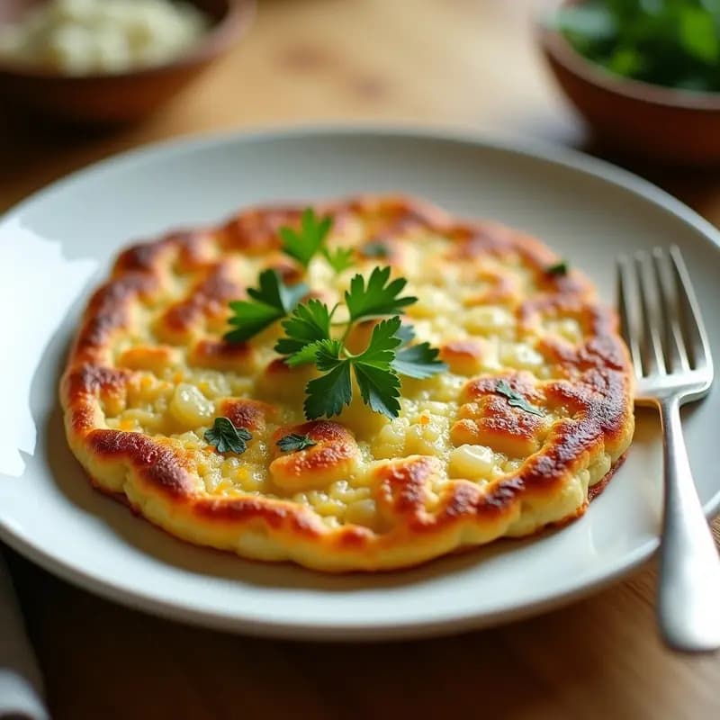 Tortilla dorada y crujiente de coliflor y patata servida en un plato blanco, con trozos visibles de verduras y perejil fresco por encima, receta ligera y tradicional.