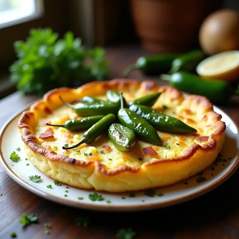 Tortilla dorada y esponjosa de coliflor y patata con pimientos del Padrón verdes salteados, servida en plato blanco rústico sobre fondo de madera con hierbas frescas.