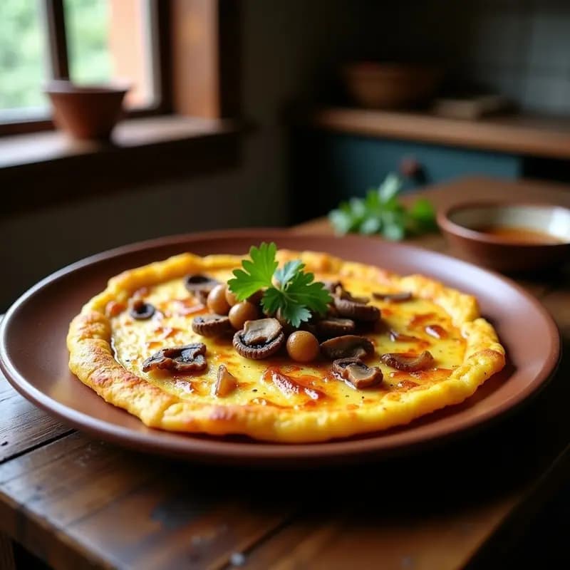Tortilla dorada y jugosa de criadillas y cebolla caramelizada servida en plato rústico de barro, con trozos visibles de setas silvestres y cebolla dorada, decorada con perejil fresco.