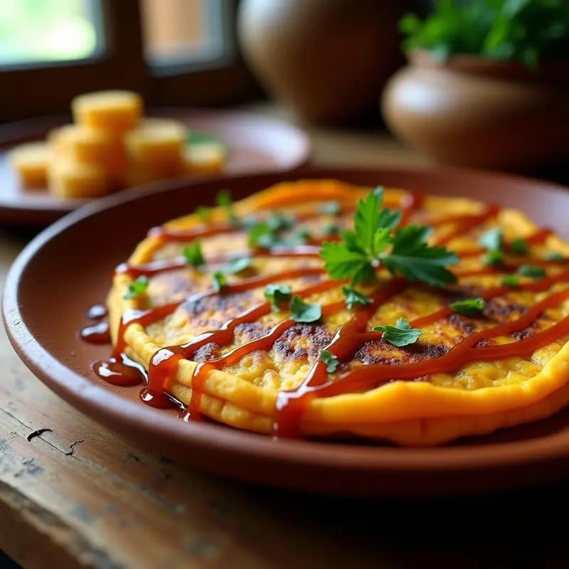 Tortilla dorada de camotes morados y amarillos con vetas de miel ahumada, decorada con perejil fresco en un plato de barro rústico.