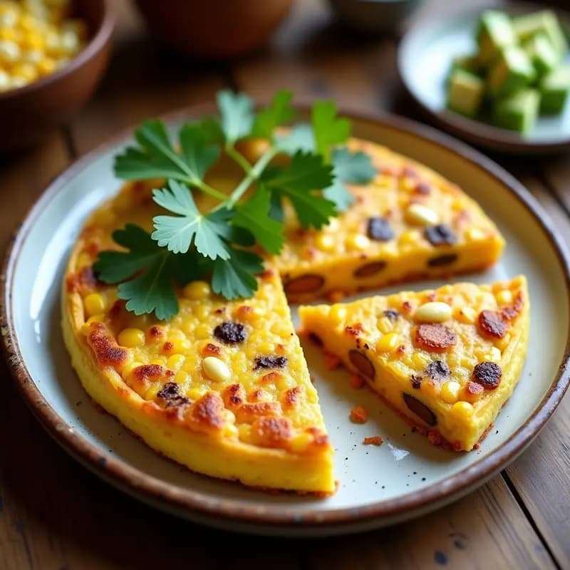 Tortilla de elote con chorizo vegano dorada, servida en plato rústico con aguacate en cubos y cilantro fresco. Desayuno colombiano alta en proteínas, textura esponjosa y jugosa.