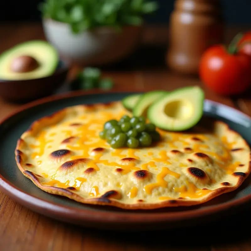 Tortilla de elote con queso Oaxaqueño dorada en sartén de hierro, con bordes crujientes y centro esponjoso. Acompañada de rodajas de aguacate y salsa verde en un plato de barro rústico. Receta mexicana tradicional de maíz tierno.
