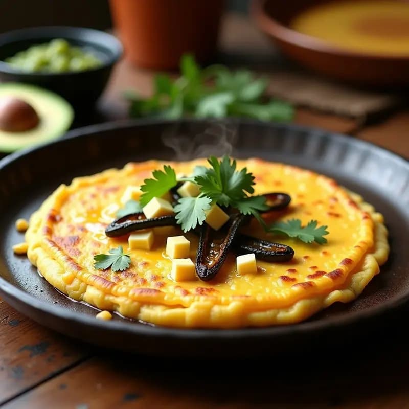 Tortilla dorada y esponjosa de elote con rajas de chile poblano asado y trozos de queso panela derretido, servida en un plato de barro rústico sobre un comal humeante, acompañada de hojas de cilantro fresco y una rodaja de aguacate.