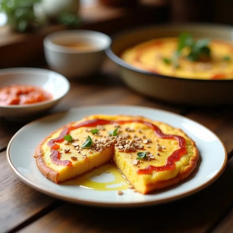 Tortilla española dorada y jugosa cortada en porciones, servida en plato de cerámica blanca con aioli de romesco al lado, decorada con almendras fileteadas y un chorrito de aceite de oliva.