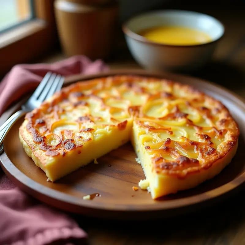 Tortilla española dorada y esponjosa en molde redondo sobre plato de madera, con rodajas de patata visibles y un trozo cortado para mostrar su interior jugoso, receta de airfryer.