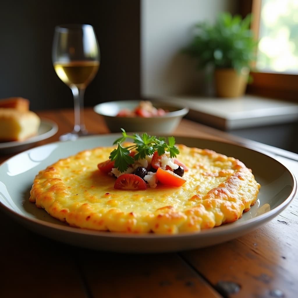 Tortilla española dorada con trozos visibles de patata y cebolla, salpicada de algas ahumadas oscuras, servida en plato blanco rústico con tenedor de madera.