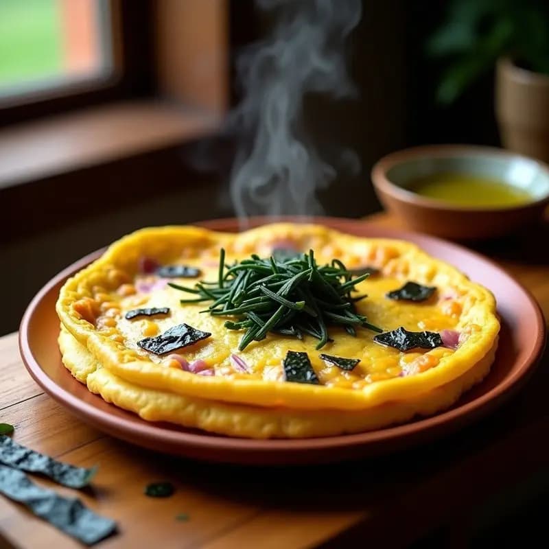 Tortilla española dorada con trozos de algas nori visibles, servida en plato de barro rústico con rodajas de patata y cebolla morada. Receta alta en proteína y yodo.