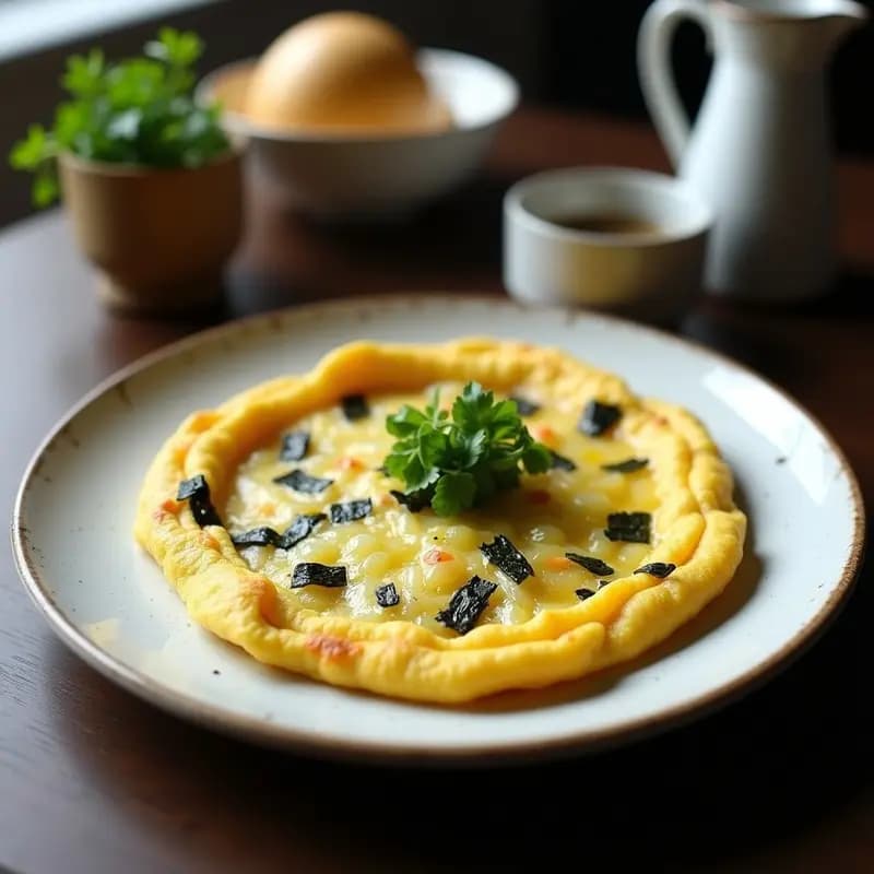 Tortilla española dorada con trozos de alga nori integrados, servida en plato blanco rústico con fondo de madera oscura, receta fusion española-japonesa.